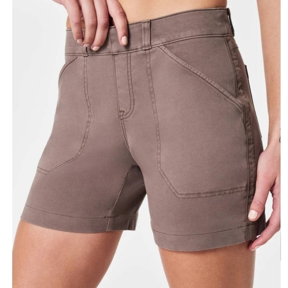 Spanx Twill Pull On Stretch Shorts Khaki Brown Comfort Slimming Casual XL - Picture 6 of 11